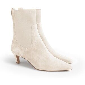 Women's Beige Ankle Low Kitten Heel Pointed Toe Slip On Dressy Winter Booties